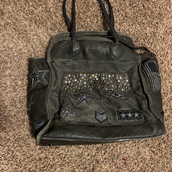 Rare Free People Leather & Cotton Studded & Patched Military Tote L13"W13"D7" - Picture 1 of 7